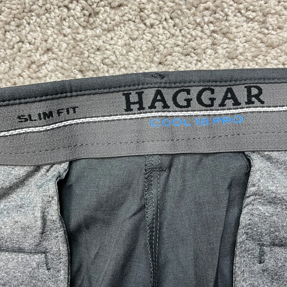 Haggar Pants Mens 34x29 Gray Flat Front Stretch Waistband Cool 18 Pro Slim Fit